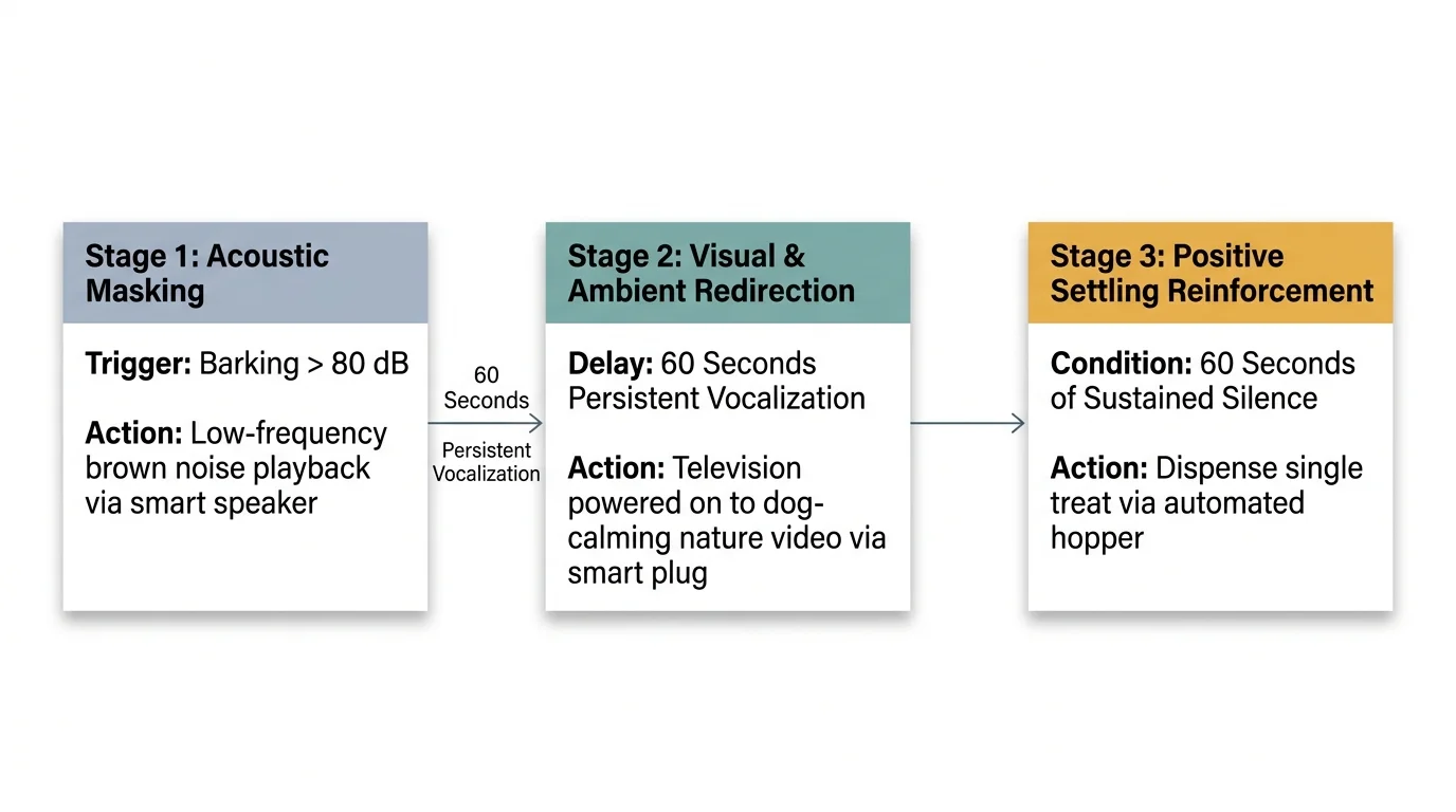 Three-stage diagram detailing acoustic masking, visual redirection, and positive settling reinforcement steps with arrows.