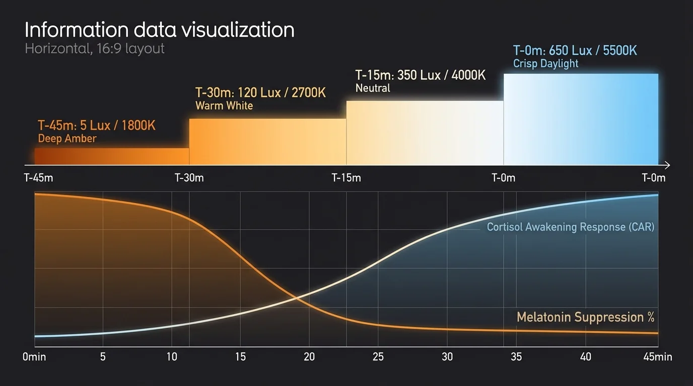 Step chart of light intensity from 5 to 650 lux paired with graphs of melatonin suppression and cortisol awakening response.