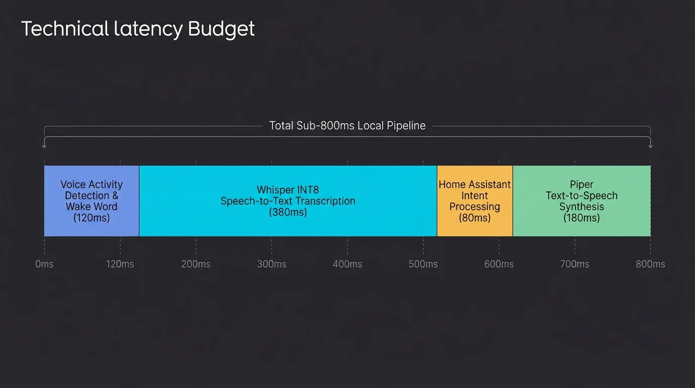 Horizontal timeline chart breaking down a sub-800ms local pipeline across VAD, Whisper INT8, intent processing, and Piper.