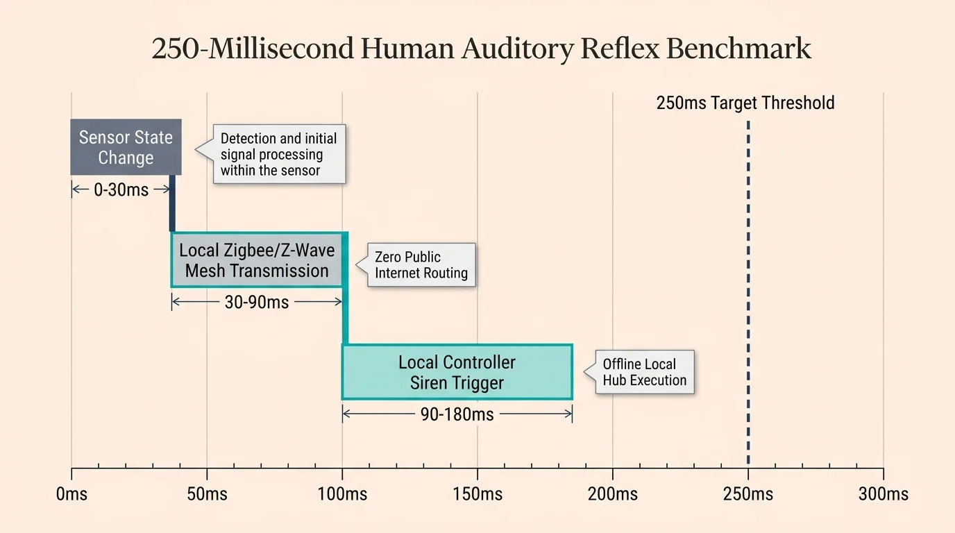 Timeline diagram charting sensor detection, mesh transmission, and siren trigger stages against a 250ms target threshold line.