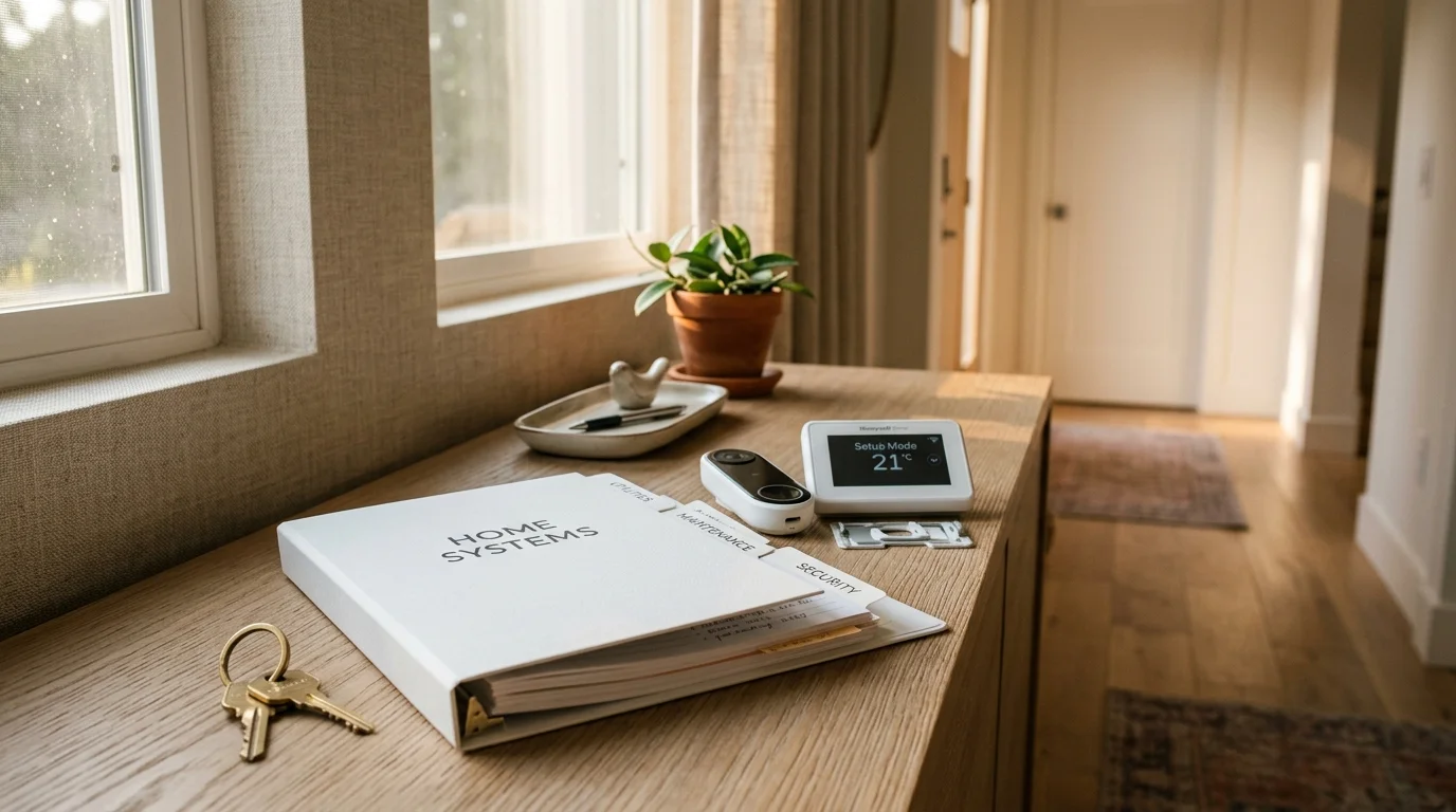 Home systems binder, brass keys, video doorbell, and digital thermostat sitting on a wooden console table.