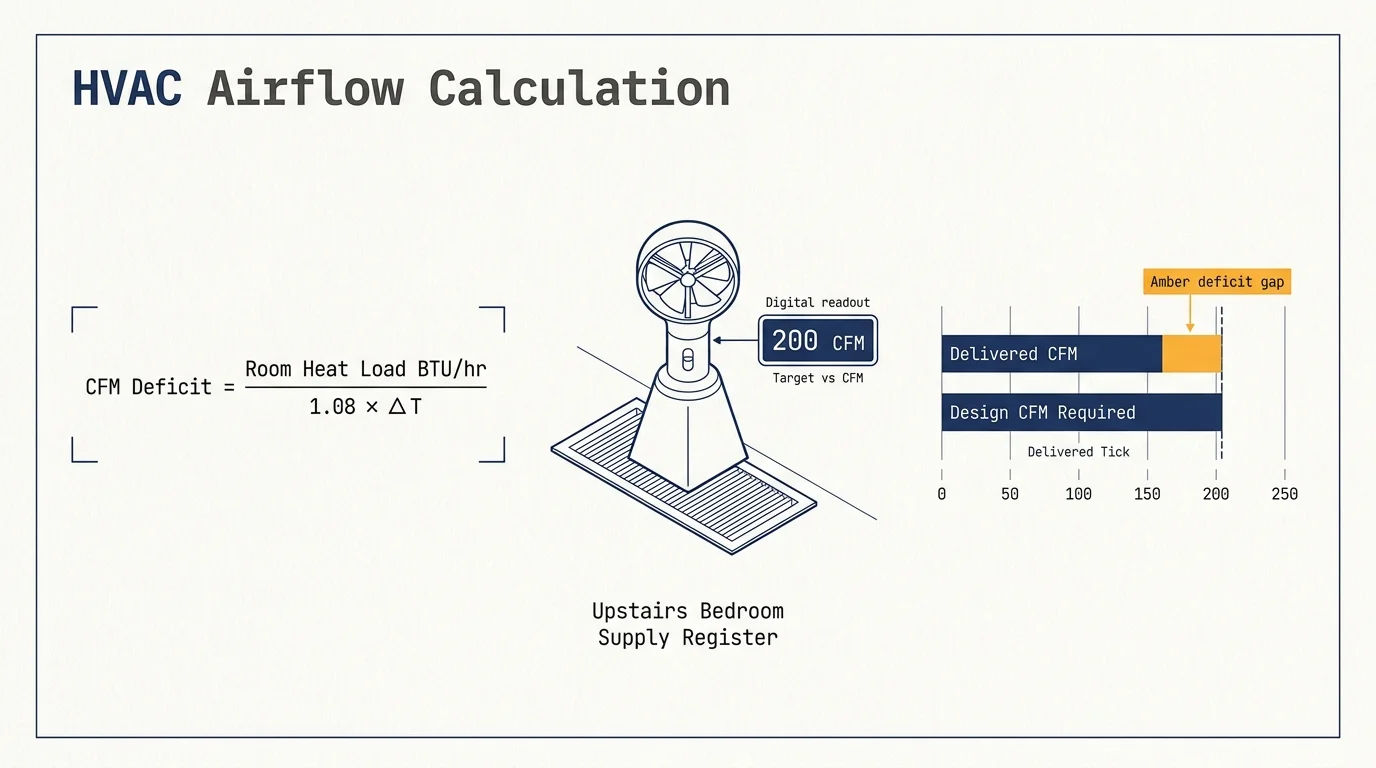 Diagram showing an HVAC airflow calculation formula, an anemometer on a register, and a bar chart with an amber deficit gap.
