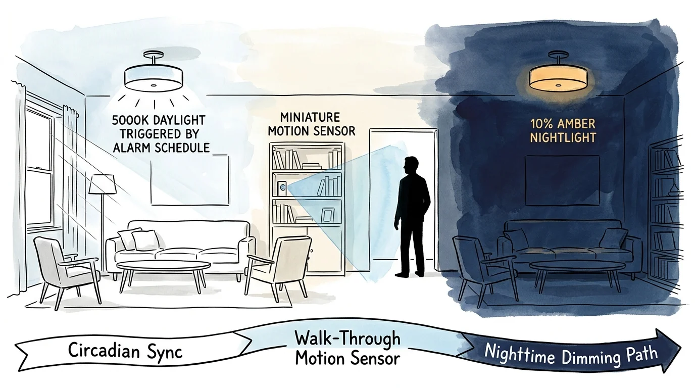 Split illustration of a living room showing daytime circadian sync lighting transitioning to dim amber nightlight mode.