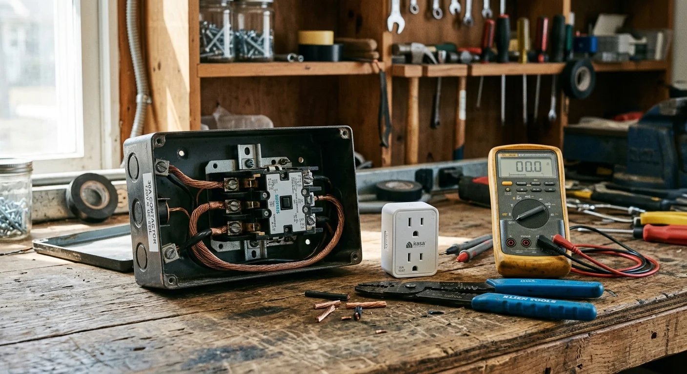 Electrical contactor in an open metal enclosure next to a smart plug and digital multimeter on a wooden workshop bench.