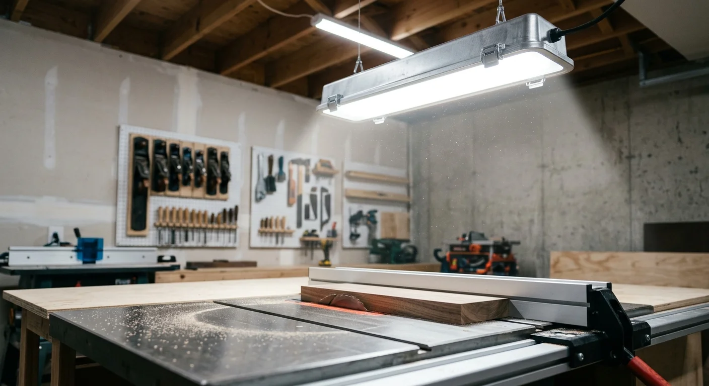 Hanging industrial shop light illuminating a table saw with wood and airborne dust in a basement woodshop.