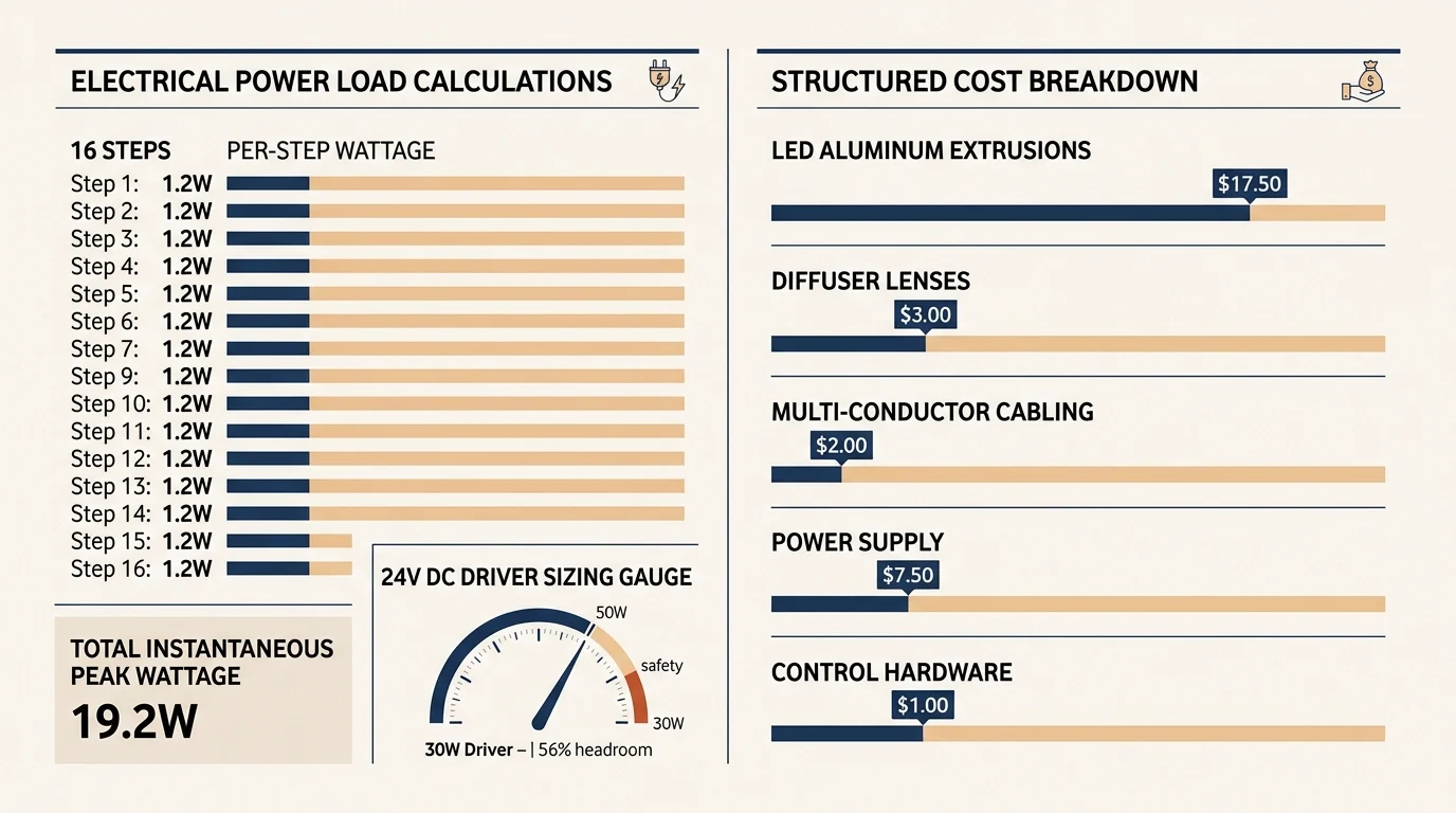 Infographic showing electrical power load calculations per step, a 24V DC driver gauge, and a structured cost breakdown.