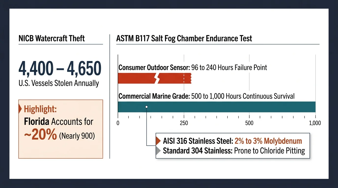 Infographic showing NICB watercraft theft stats alongside an ASTM B117 salt fog endurance test comparing sensor materials.