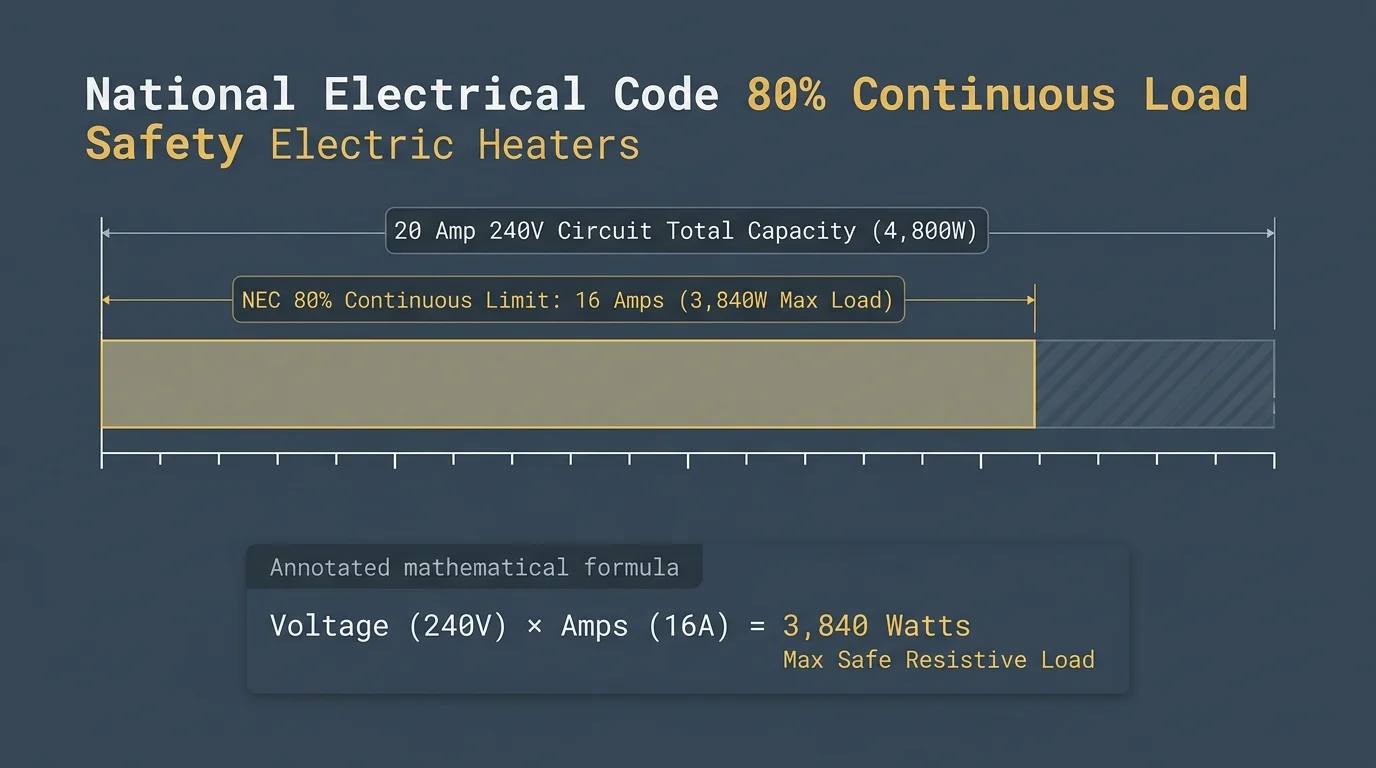 Diagram of National Electrical Code 80% continuous load safety limit, showing 16A and 3,840W on a 20A 240V circuit.