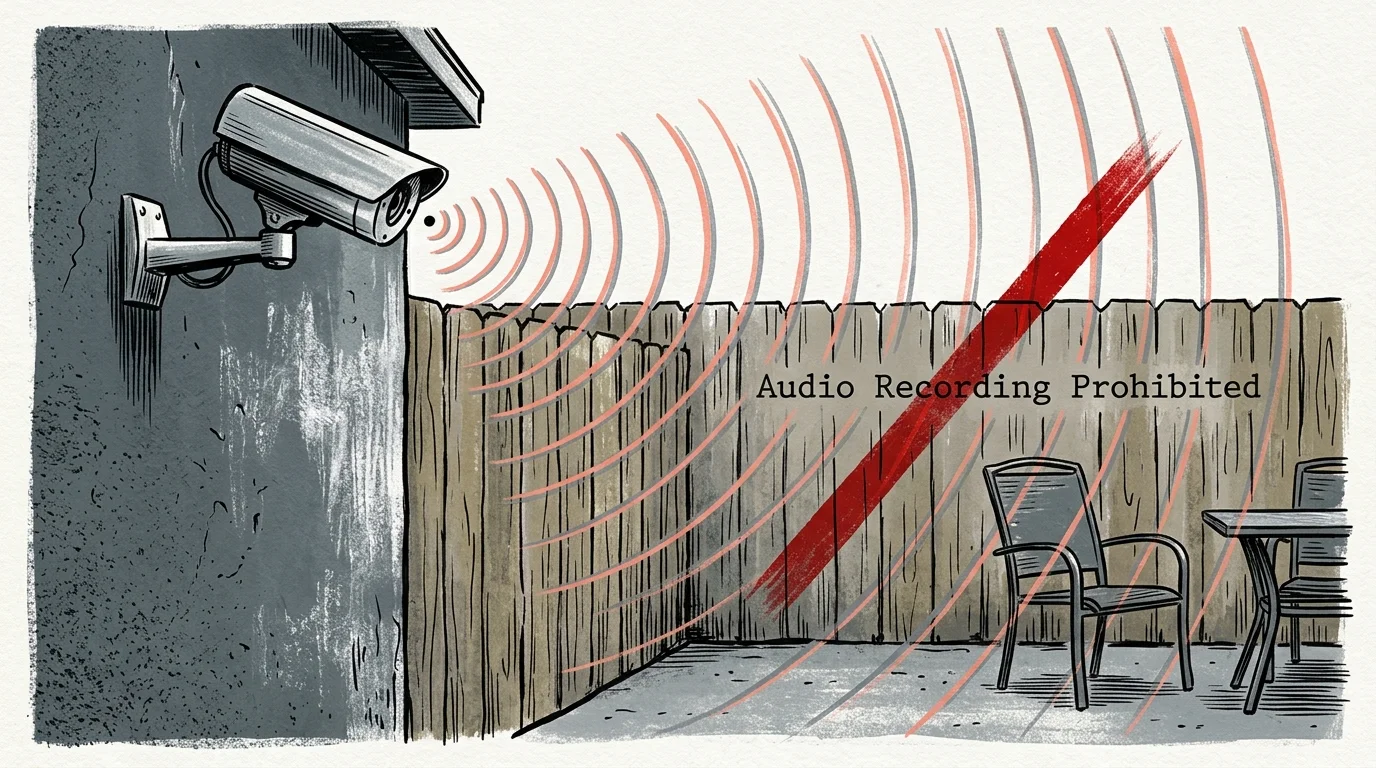 Illustration of a security camera emitting red sound waves over a wooden fence into a patio with chairs and a table.