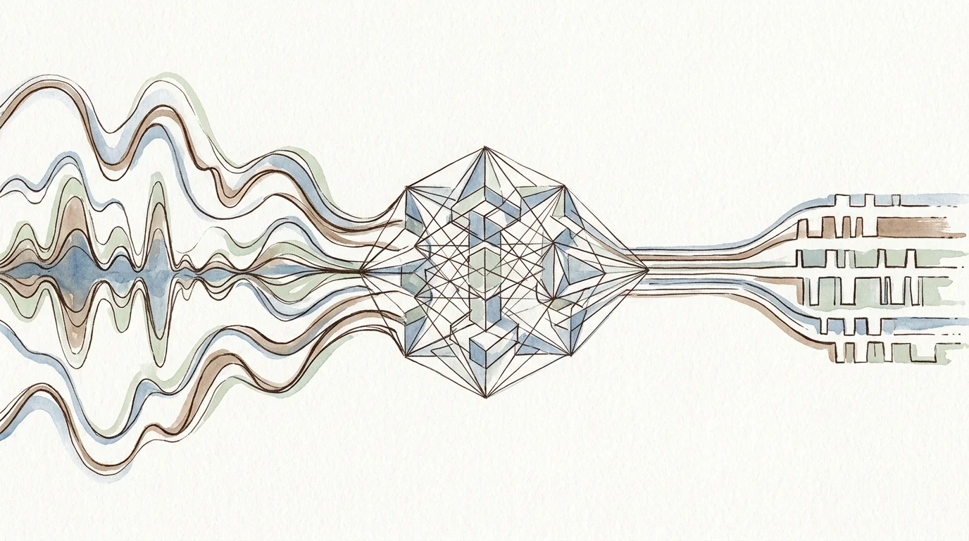 Minimalist watercolor illustration of wavy audio lines passing through a geometric node and turning into blocky digital signals.