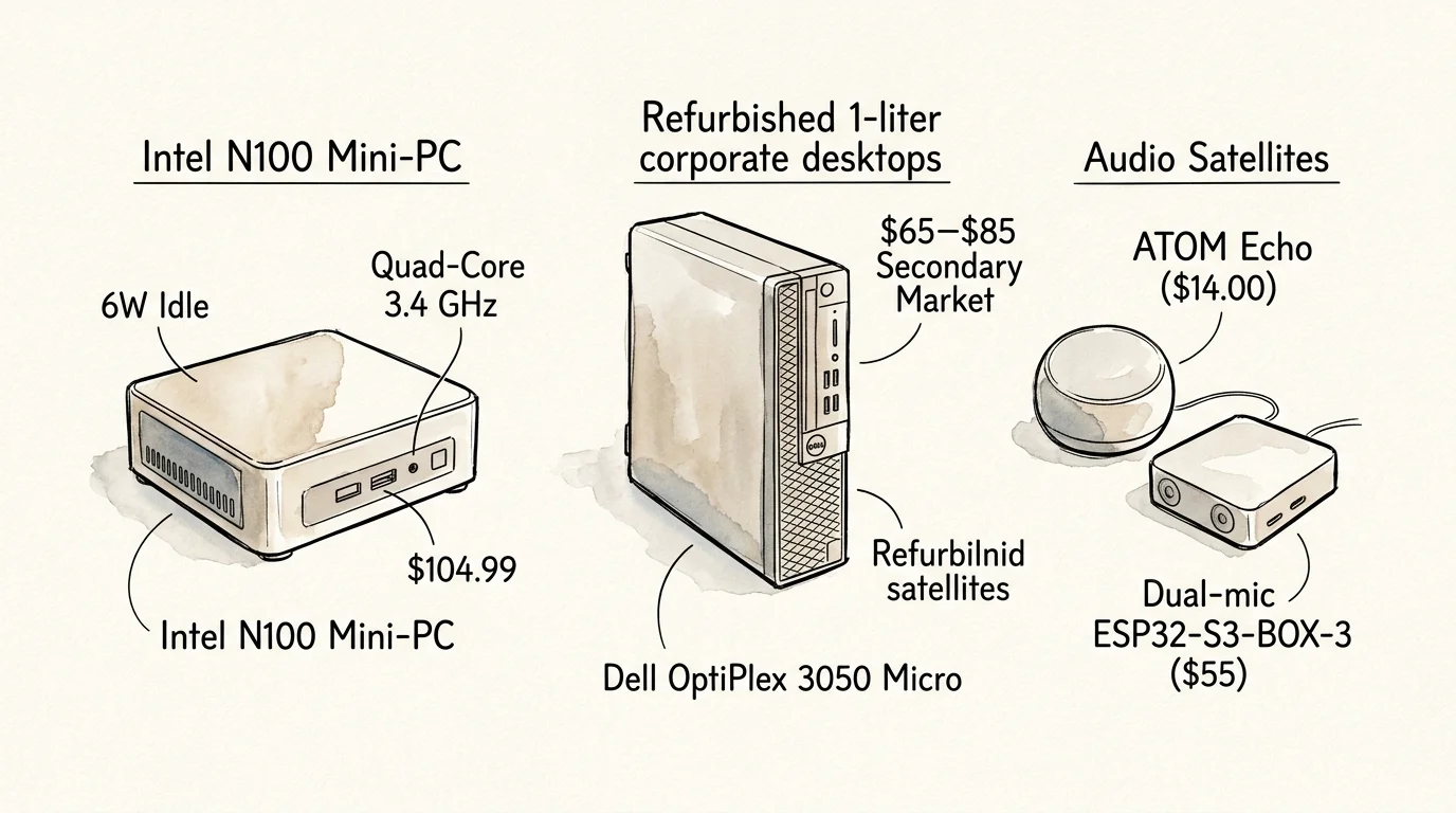 Diagram illustrating an Intel N100 mini-PC, a refurbished Dell corporate desktop, and audio satellite devices.