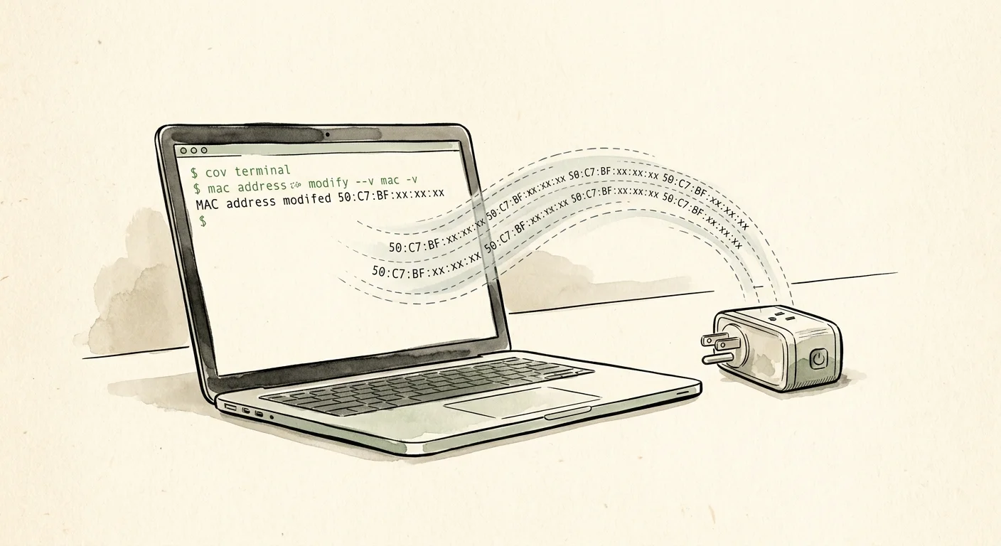 Illustration of a laptop terminal modifying MAC address text flowing along dotted lines to a smart plug.