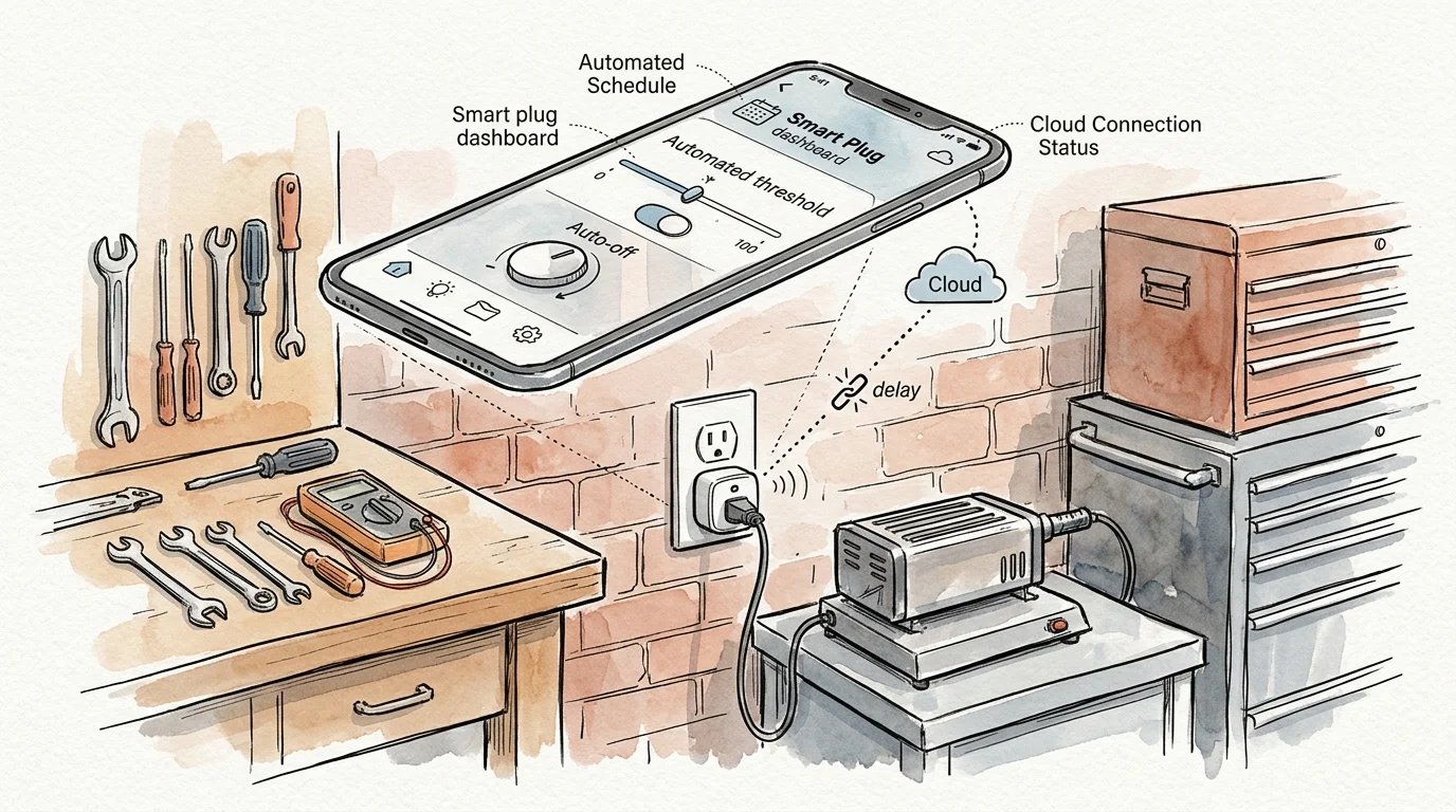 Watercolor sketch of a workshop with a smart plug in a wall outlet, bench tools, and a large smartphone showing an app.