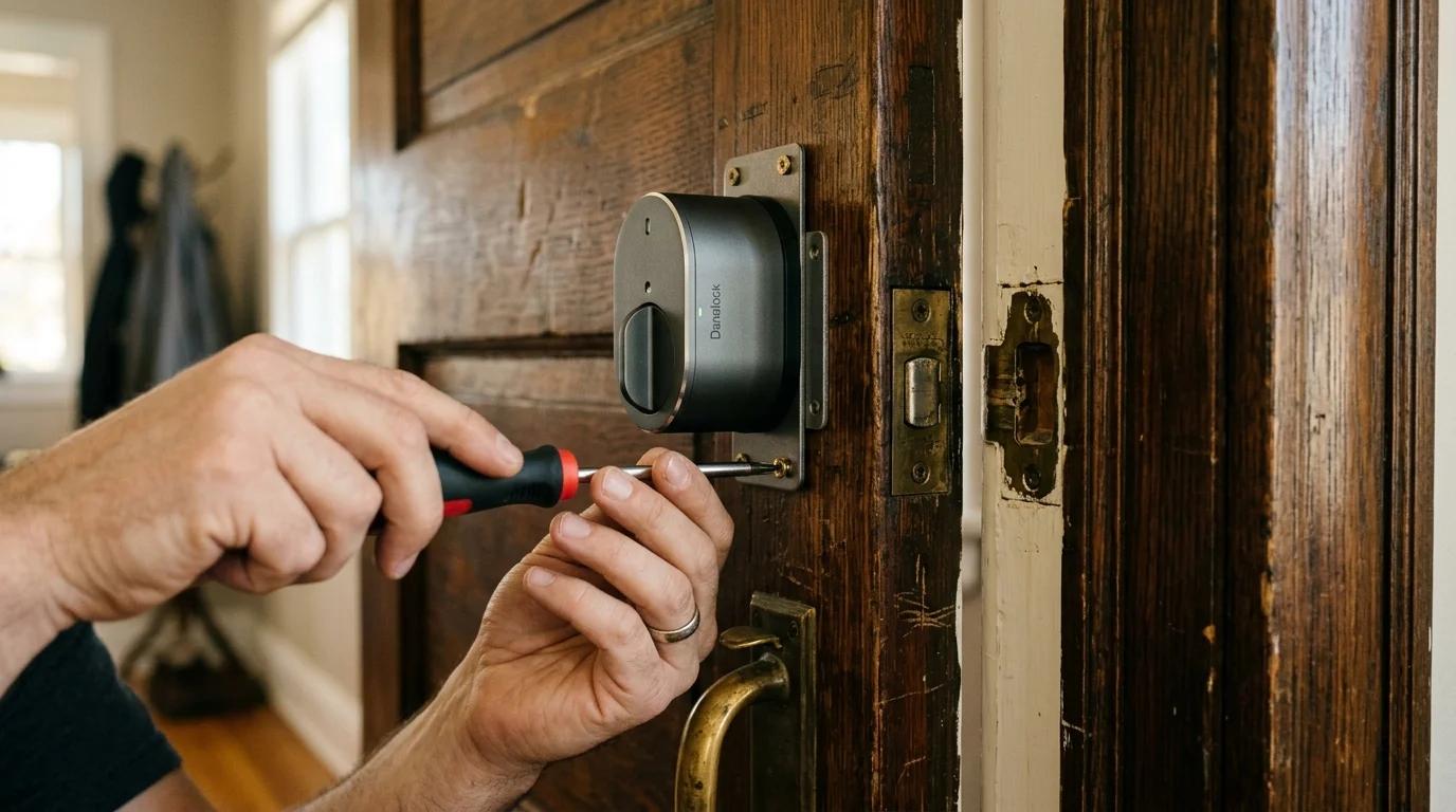 A person using a screwdriver to attach a smart lock baseplate to a rustic wooden door.