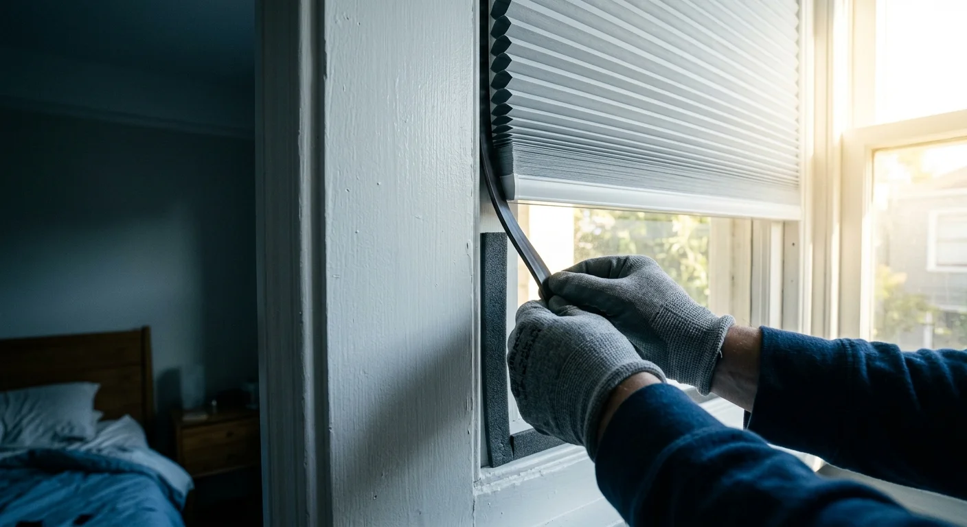 Gloved hands installing a dark weatherstrip channel beside a partially lowered cellular blind on a window frame.