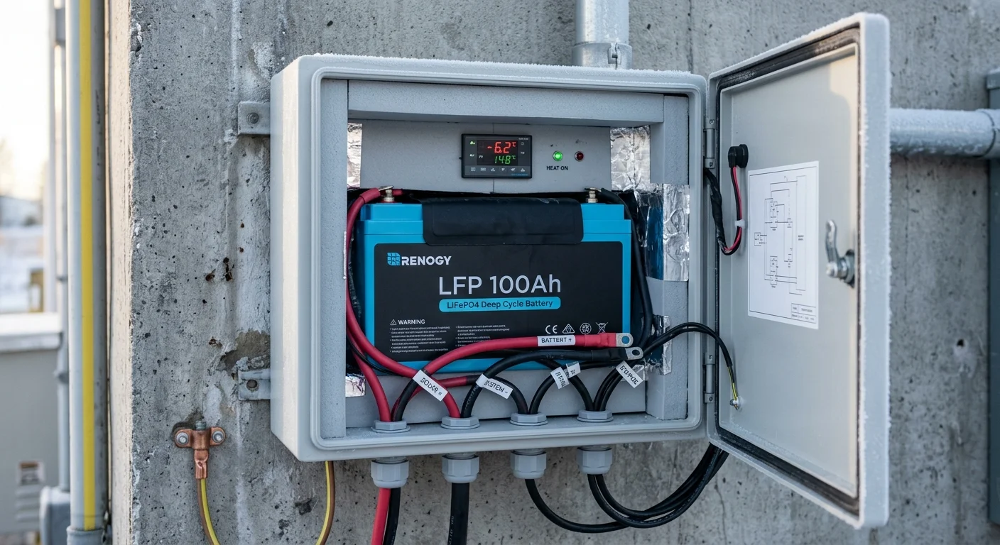 Open outdoor electrical enclosure housing a Renogy lithium battery and digital temperature controller displaying -6.2°C.