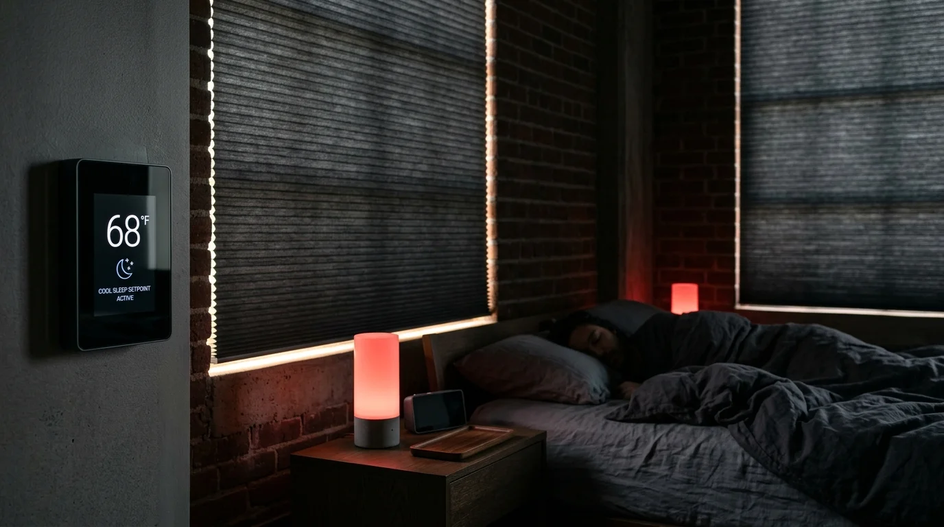 Darkened bedroom with drawn cellular shades, a smart thermostat display reading 68 degrees, and a person sleeping.