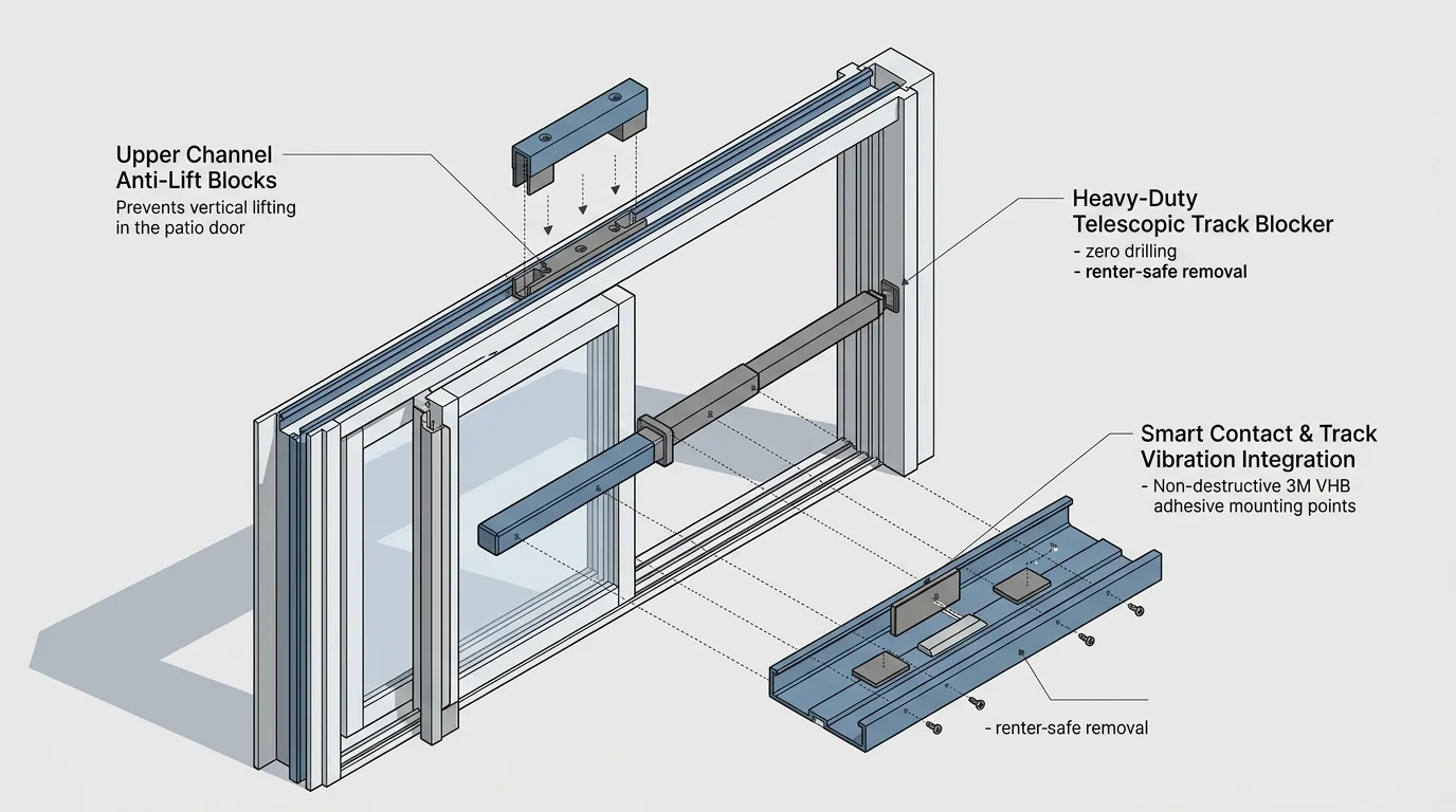 Diagram of a sliding patio door showing anti-lift blocks, a telescopic track blocker, and vibration sensor mounting points.
