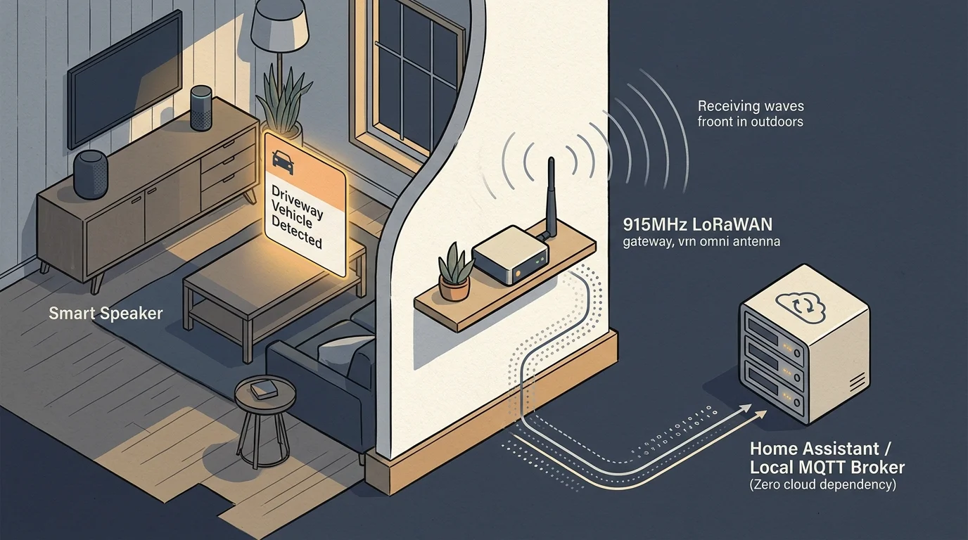 Cutaway diagram of a LoRaWAN gateway routing signals to a Home Assistant server to trigger a living room speaker alert.