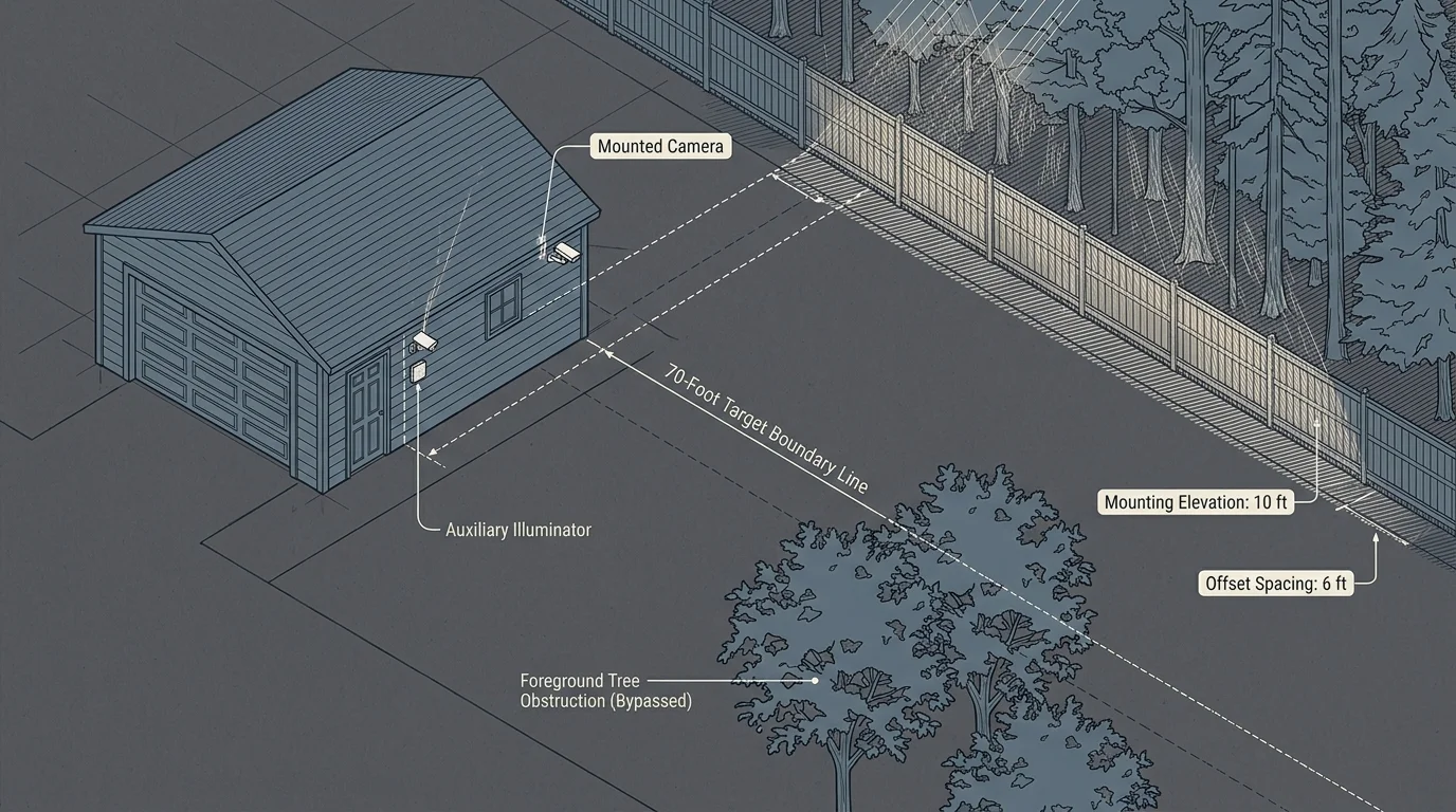 Diagram of a garage and fence line showing camera and auxiliary illuminator placement to bypass foreground tree obstructions.
