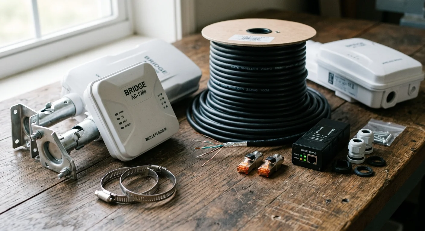 Wireless bridge units, a spool of black shielded cable, mounting brackets, clamps, and PoE hardware on a wood surface.