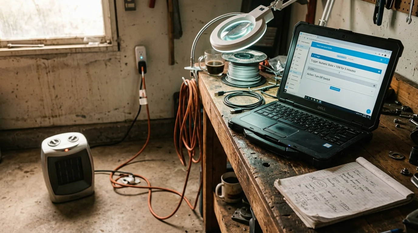 Laptop on a cluttered wooden workbench showing automation settings beside a space heater plugged into an outlet.