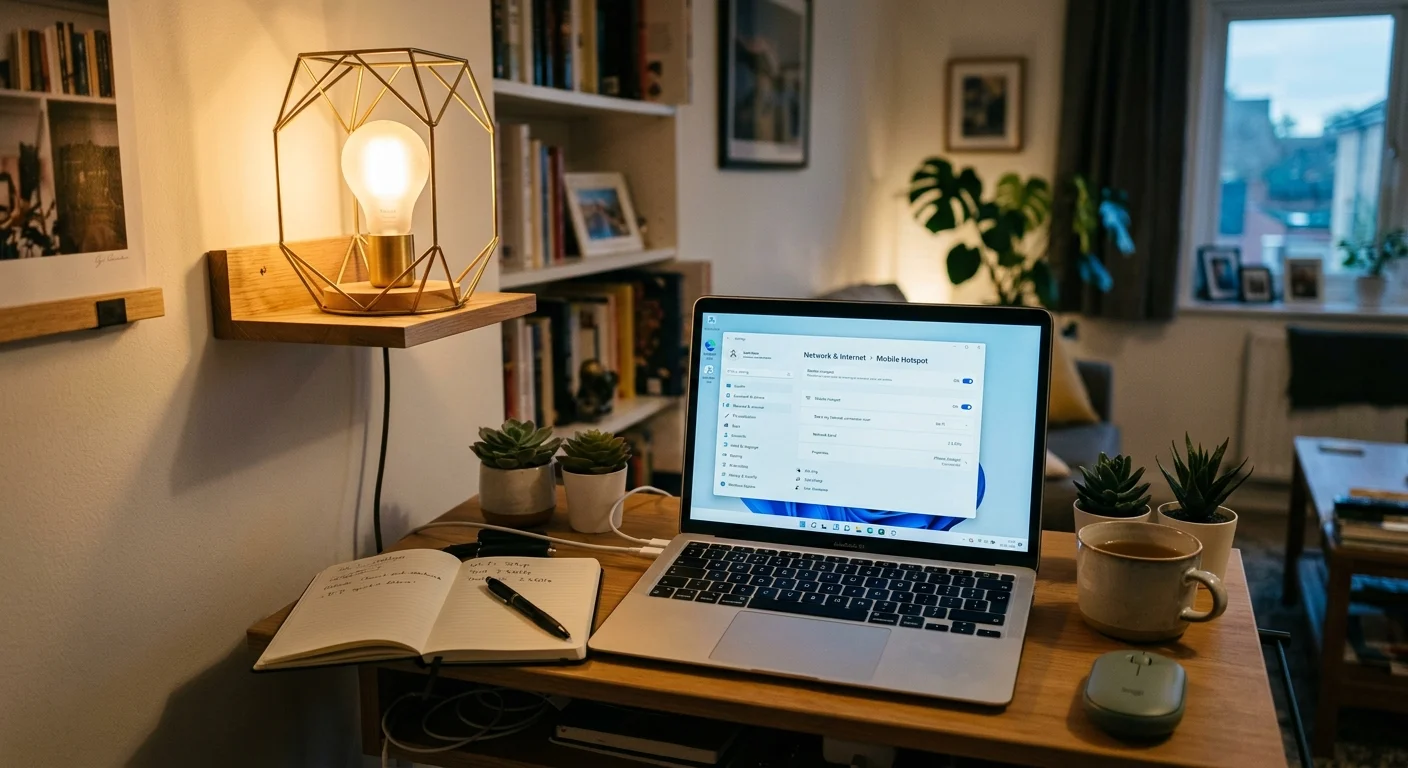 Laptop on a wooden desk displaying Windows 11 Mobile Hotspot settings beside an open notebook, mug, and illuminated lamp.