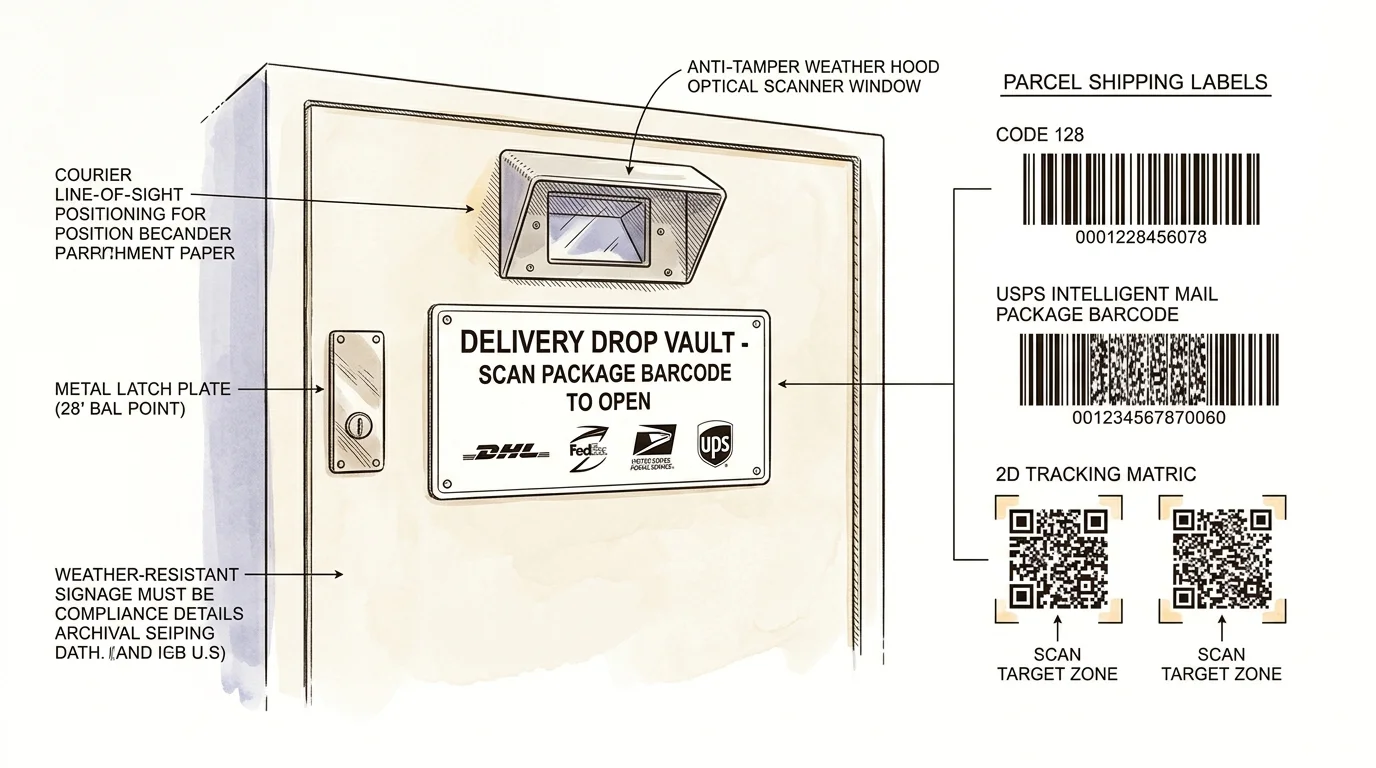 Diagram of a delivery drop vault with an optical scanner window, instruction plaque, and parcel shipping barcode formats.
