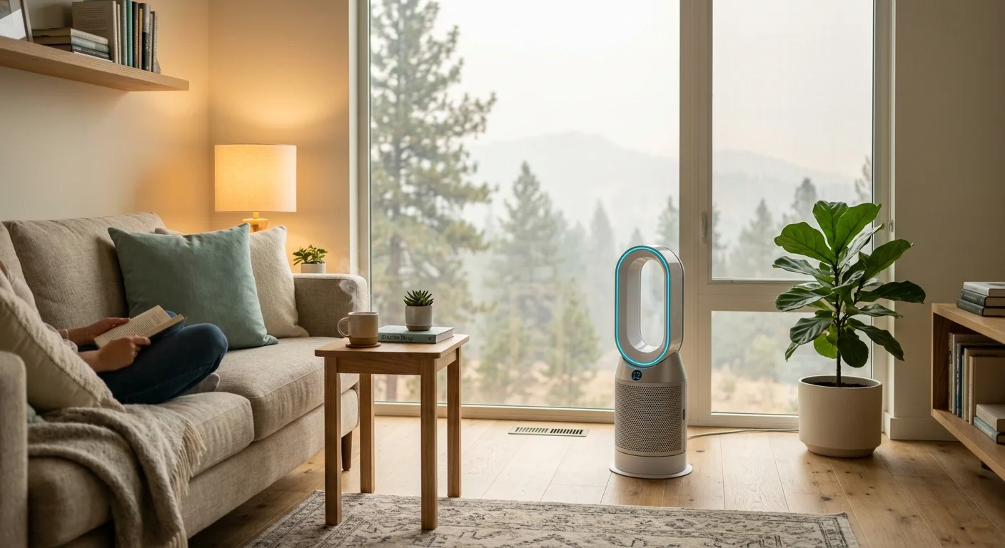 A modern living room with an air purifier operating near a large window looking out at hazy, smoky outdoor trees.