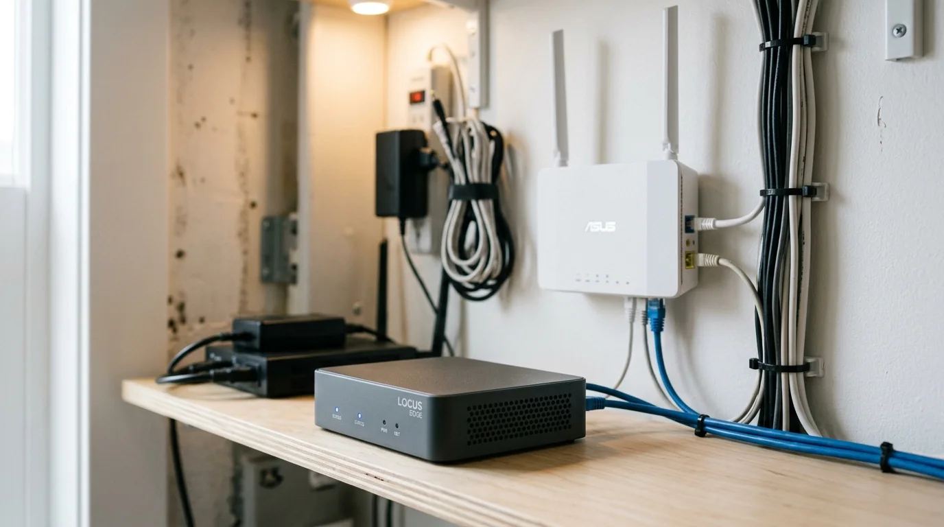 Network setup on a wooden shelf with a grey Locus Edge device, white Asus router, power adapters, and bundled cables.