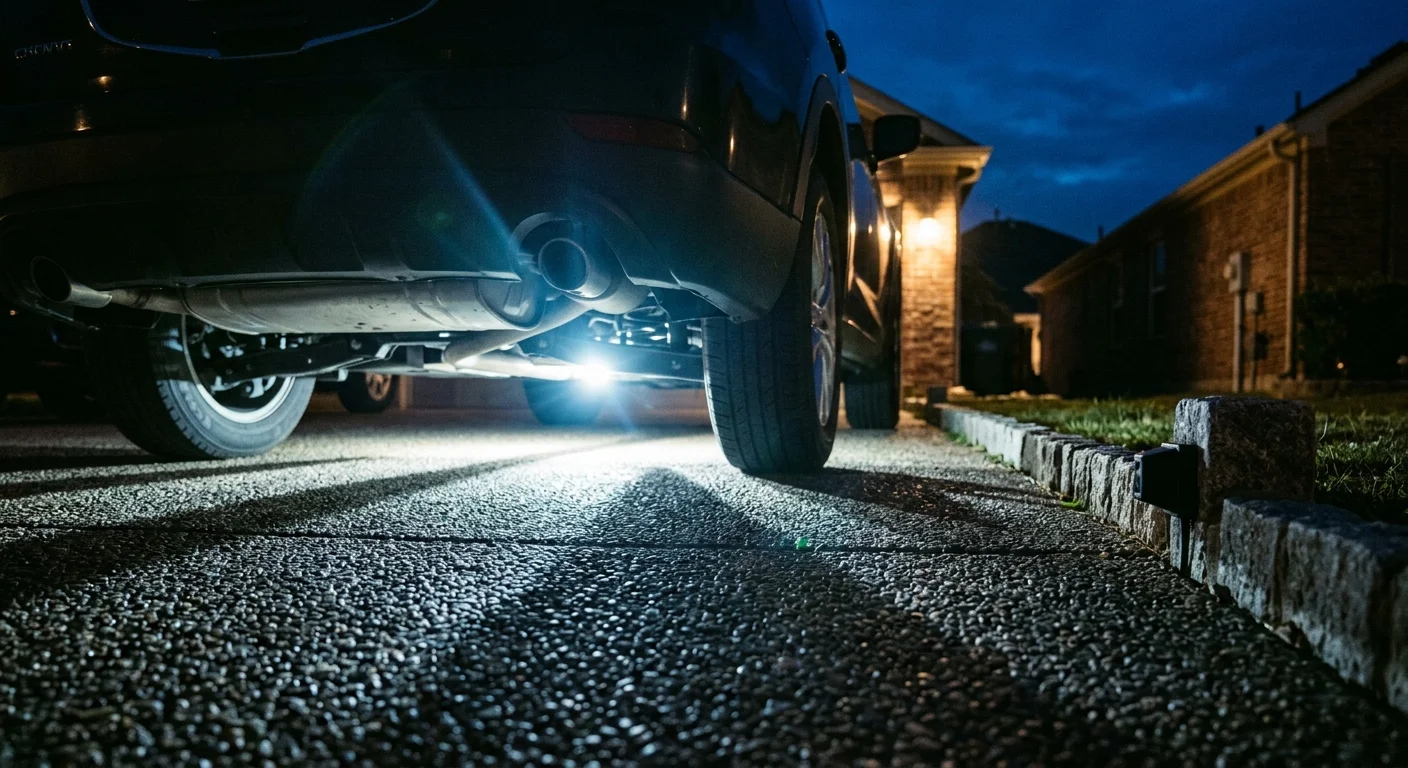 Low-angle view of a car parked on a paved driveway at night with a sensor mounted on stone curb borders.