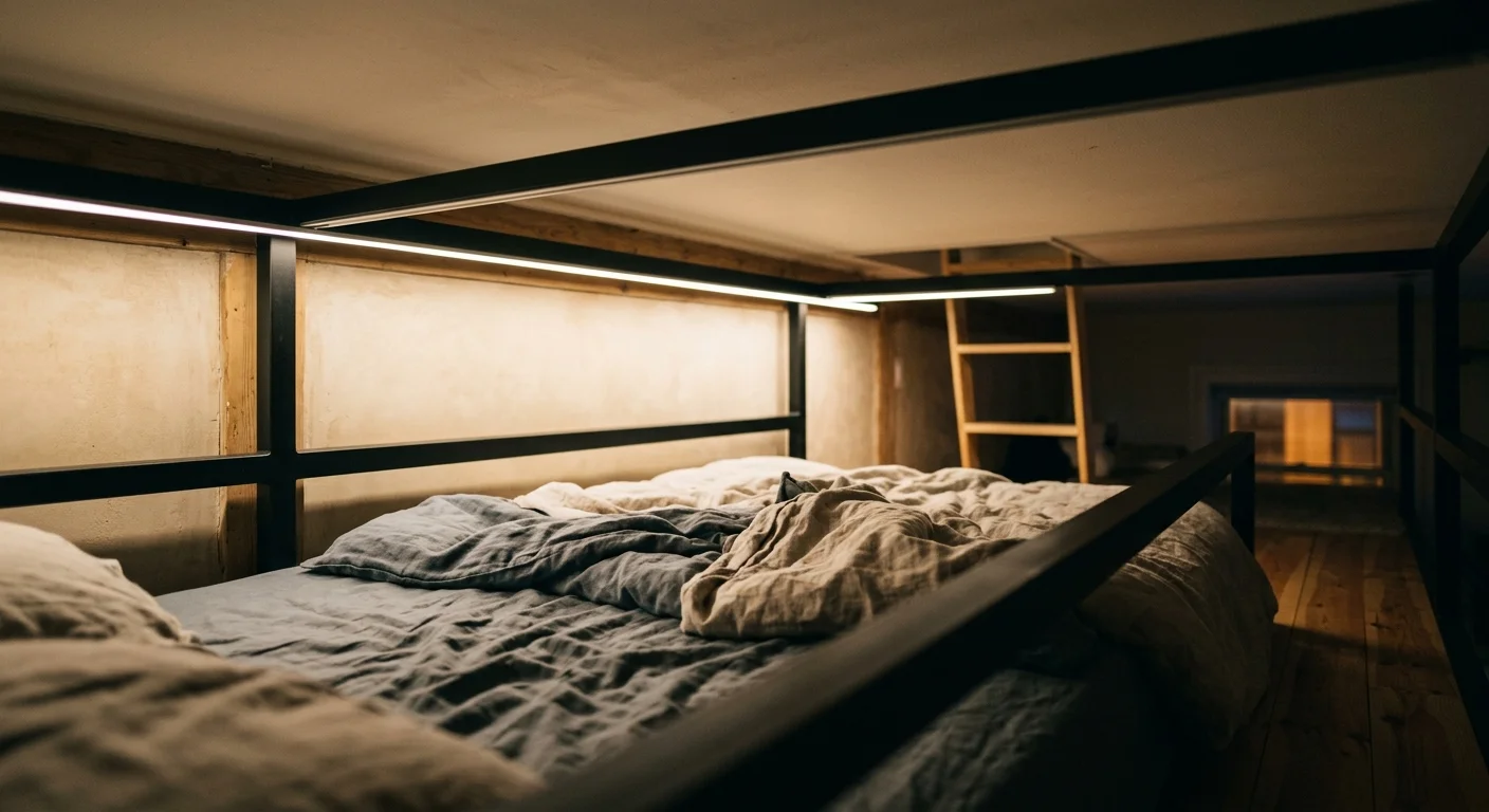 Low-clearance loft bed with an unmade mattress illuminated by a warm linear light strip mounted along the black metal frame.