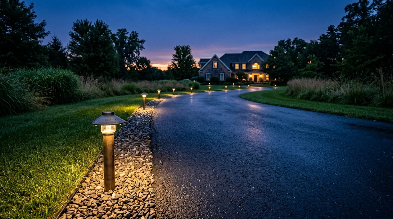 Low-voltage bollard lights illuminate a curved asphalt driveway leading to a large house at dusk.