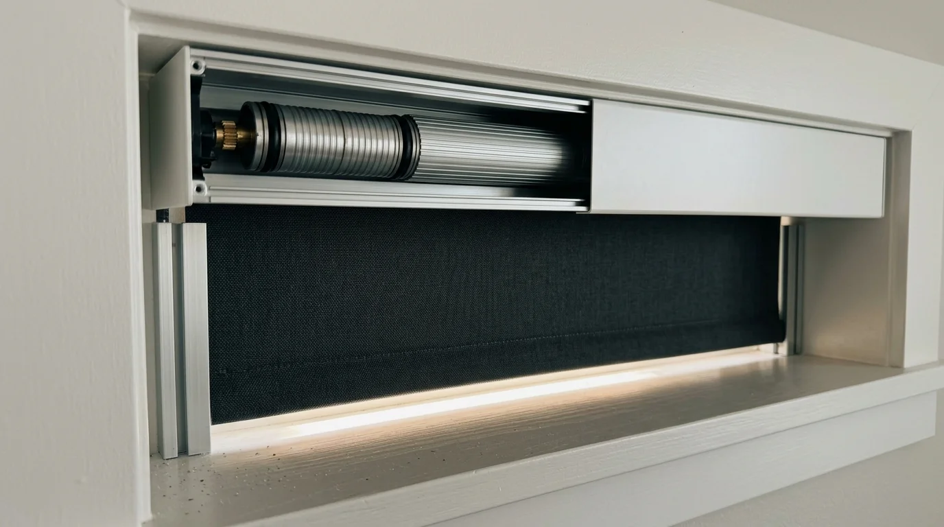 Exposed tubular motor inside a white metal window shade cassette, with a dark blackout shade partially lowered below.