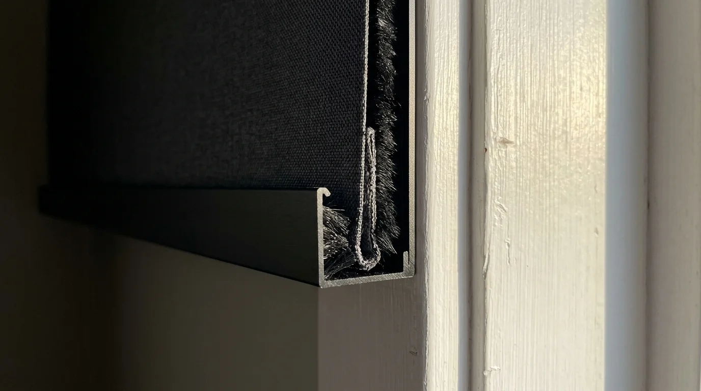 Close-up of a black blackout roller shade edge fitted inside a black U-channel track with brush seals against a white jamb.