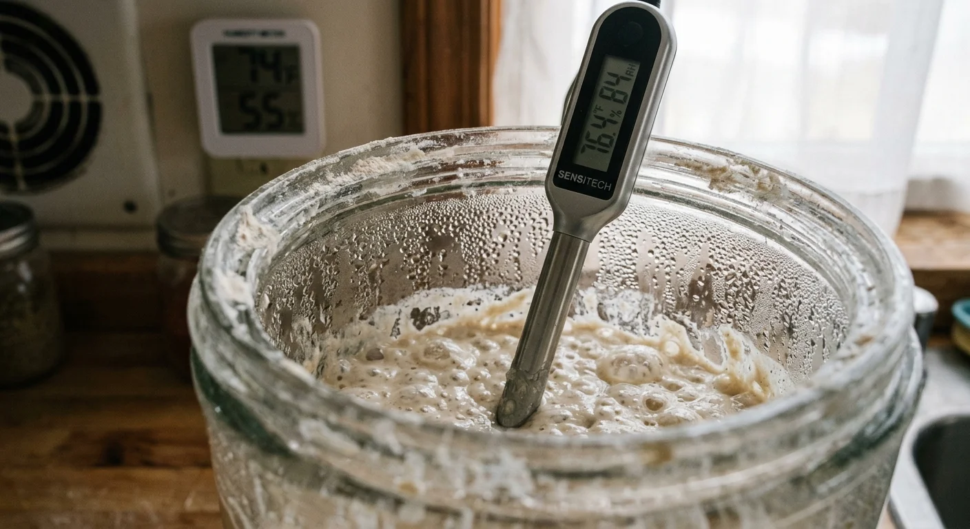 Digital probe thermometer inserted into bubbling sourdough starter in a glass jar, with another digital monitor behind it.