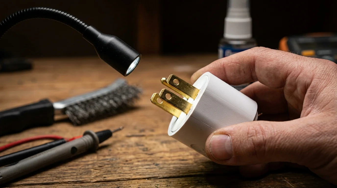 A hand holds a white three-prong plug under a small LED task light on a wooden workbench near test probes.