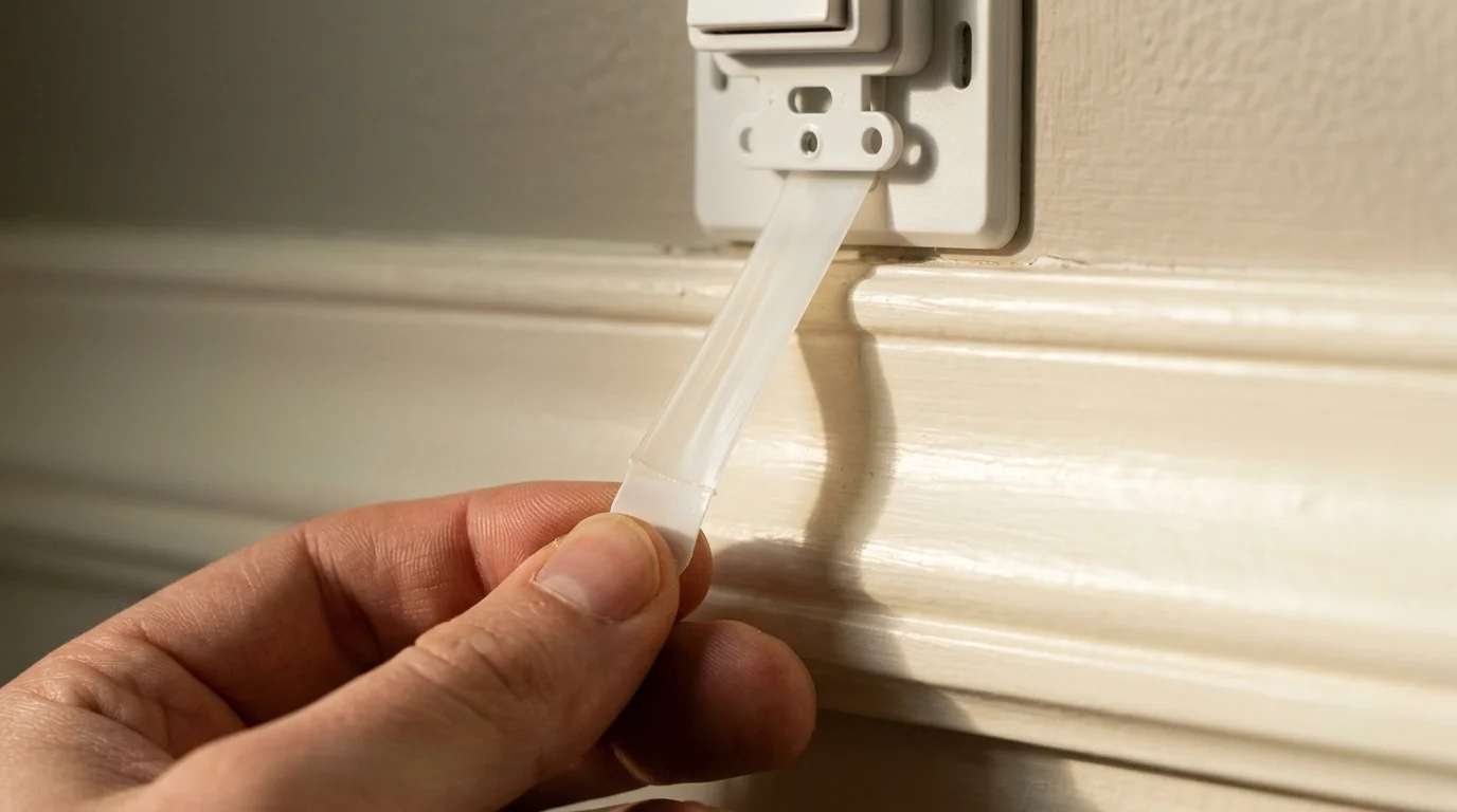 A hand pulls a clear adhesive strip straight downward from behind a white switch plate mounted above trim.