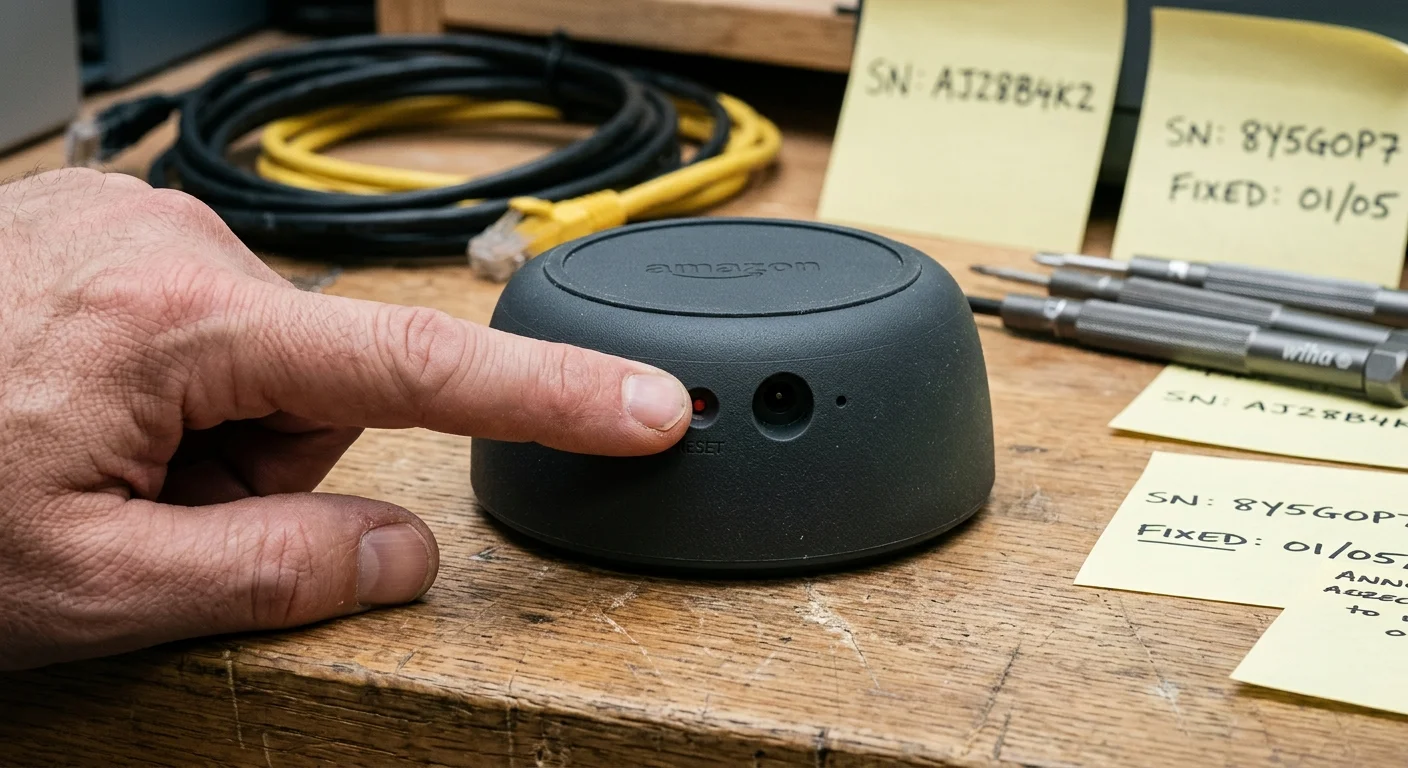 A finger pressing a small reset button on the back of an Amazon device on a wooden workbench with notes and tools.