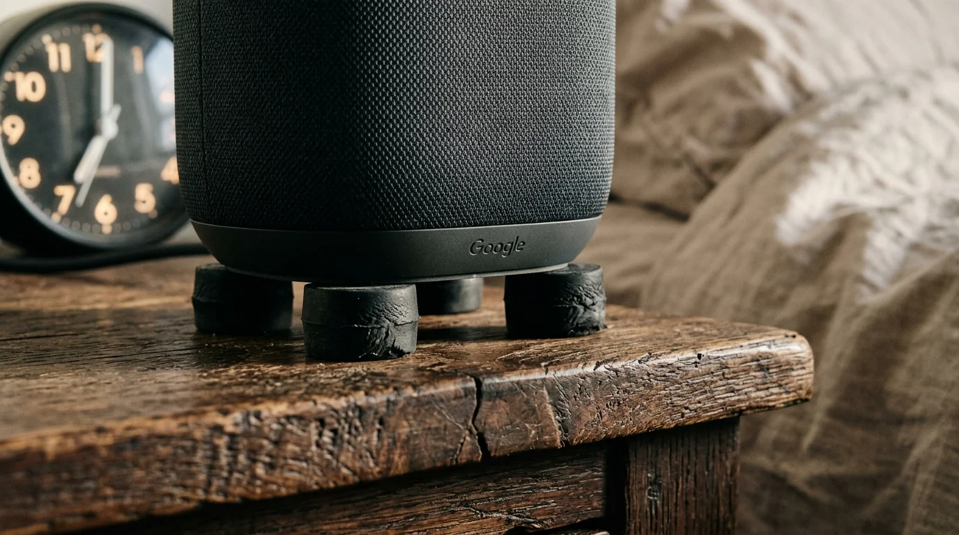 A Google smart speaker elevated on small black rubber feet resting on a rustic wooden nightstand beside an alarm clock.