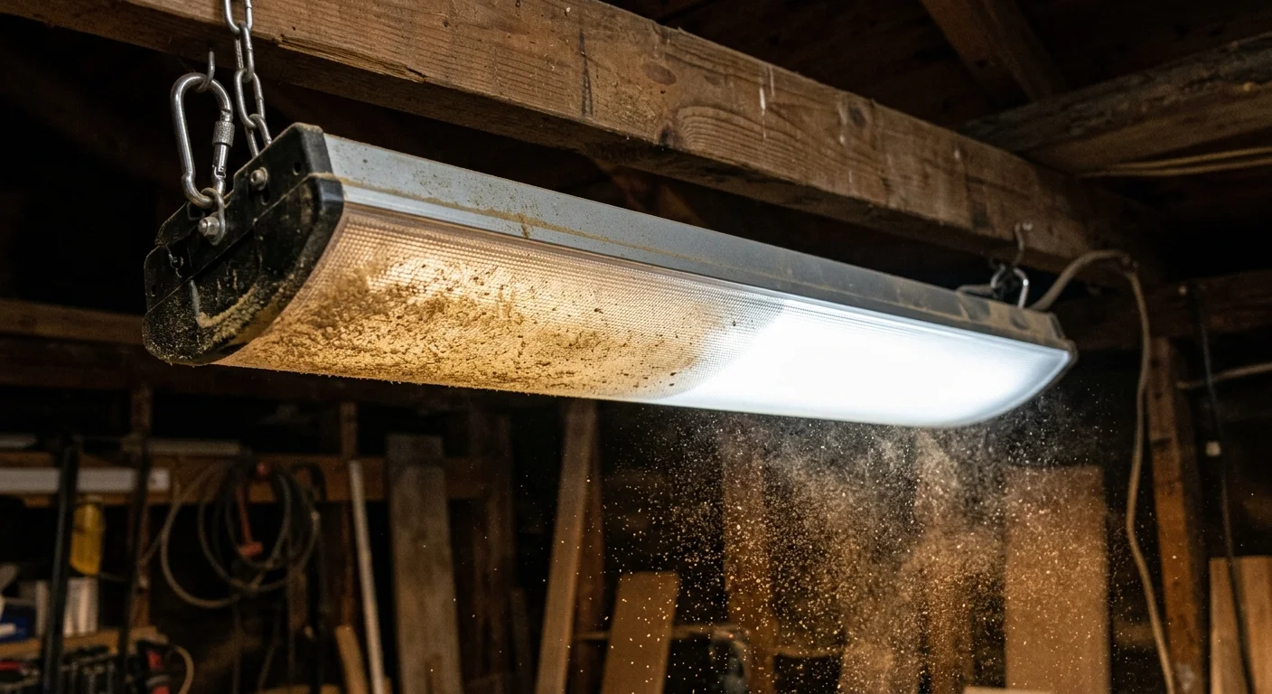Hanging shop light fixture in a workshop, half coated in thick brown sawdust and half wiped clean and glowing white.