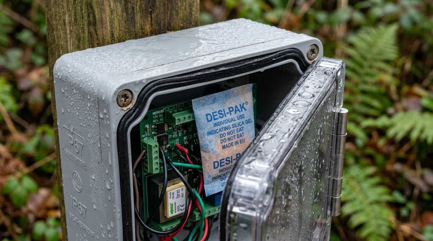 Open waterproof electrical box mounted on a wooden post in rain, showing circuit board wiring and a silica gel packet.