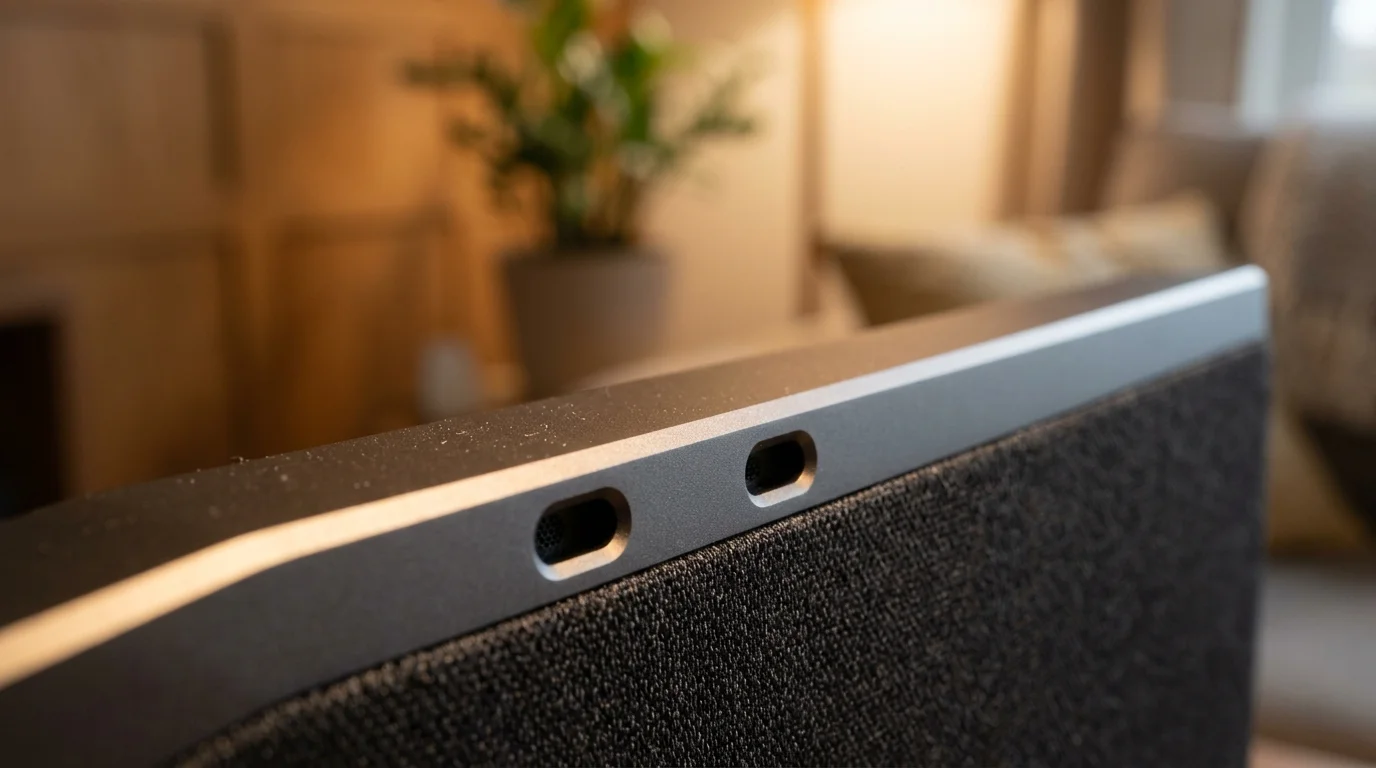 Close-up of two microphone ports along the top edge of a gray smart display speaker with fabric mesh.