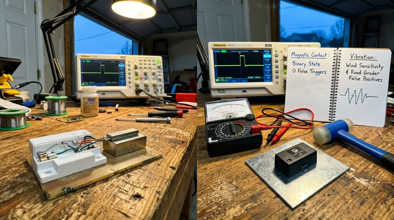 Electronic test bench comparing a wired magnetic contact switch setup to a vibration sensor beside an oscilloscope.