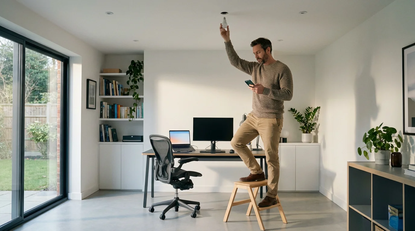 Man on a step stool in a sunlit home office installing a smart bulb.