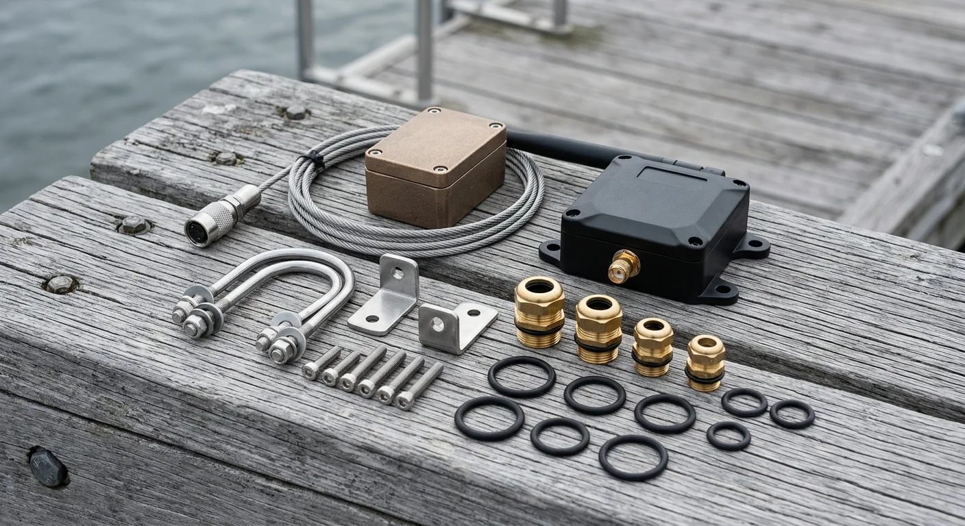 Waterproof enclosures, metal cable, U-bolts, mounting brackets, brass cable glands, and rubber O-rings on a wooden dock.