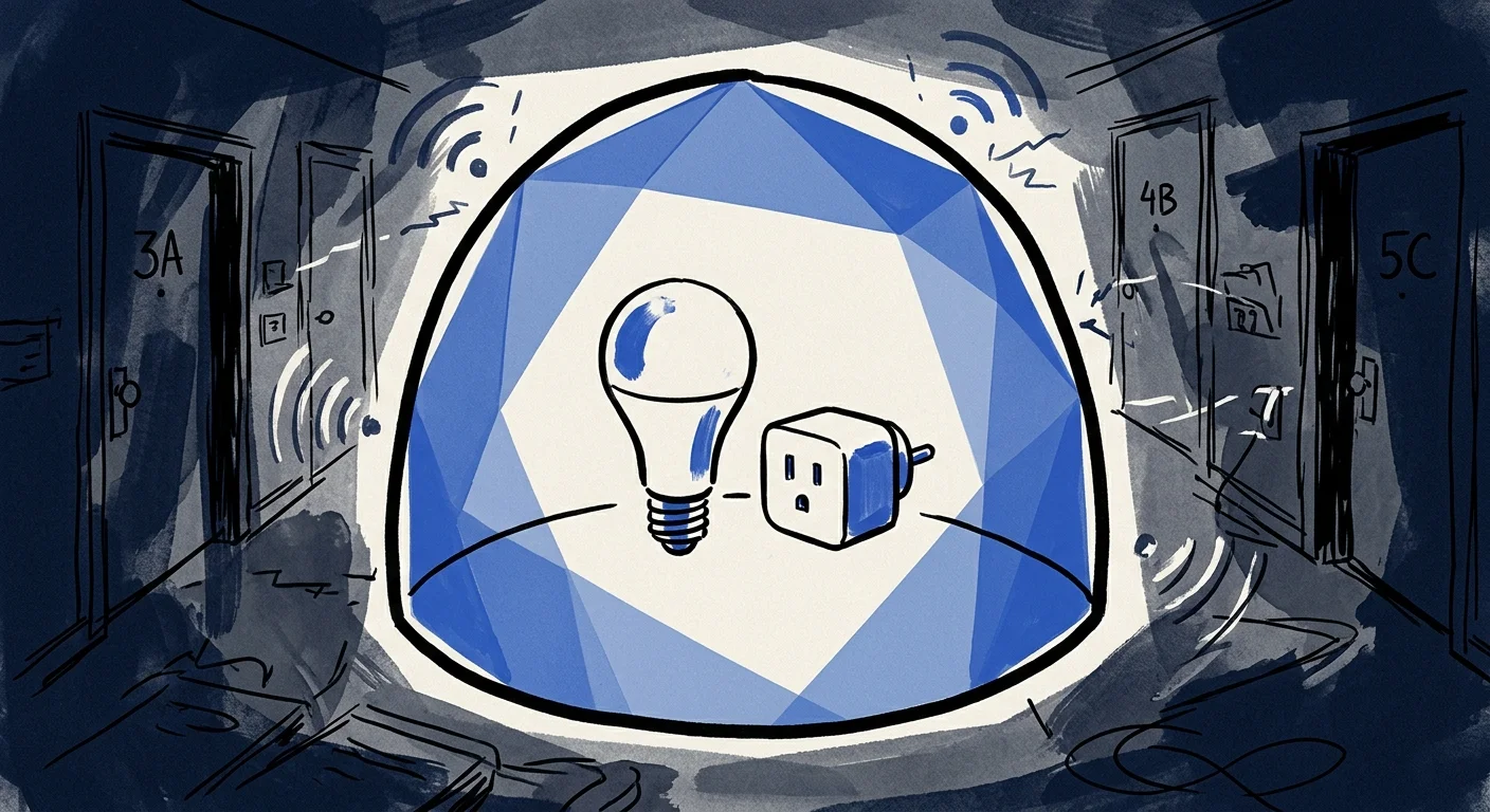 Illustration of a smart bulb and plug protected inside a glowing blue geometric dome in an apartment building hallway.