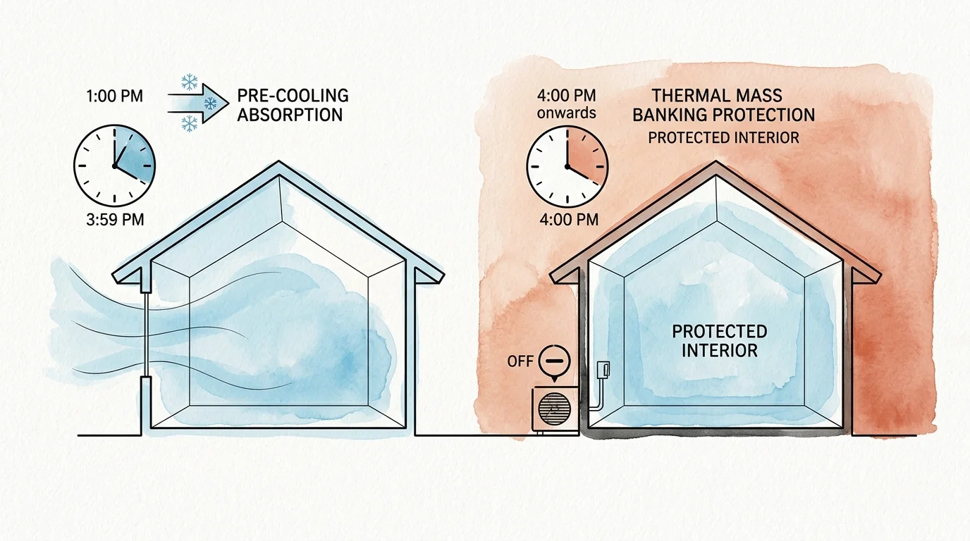 Two house cutaway diagrams comparing pre-cooling airflow before 4:00 PM to thermal retention with HVAC turned off.