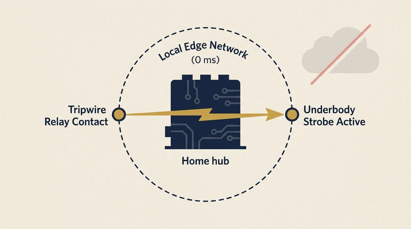 Diagram showing a local edge network hub routing a tripwire relay contact directly to an active underbody strobe.