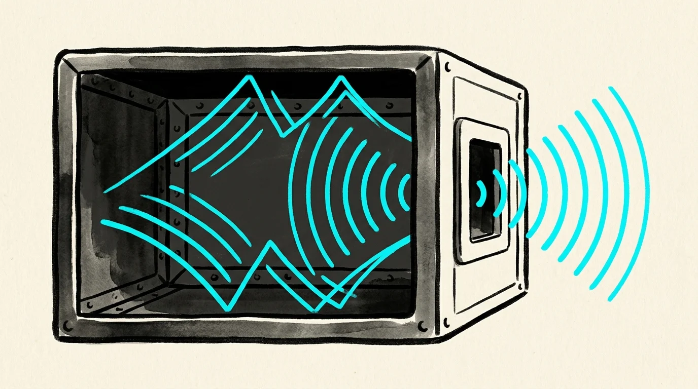 Illustration of a metal box with glowing cyan radio waves reflecting internally and escaping through a side opening.